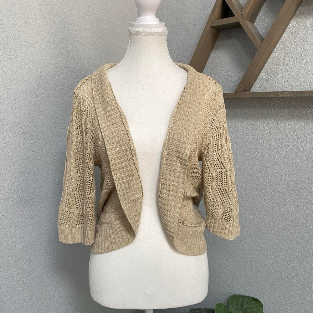 BEIGE CREAM KNIT OPEN FRONT QUARTER SLEEVE BOLERO SHRUG CARDIGAN COTTAGECORE